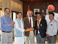 The Governor of Arunachal Pradesh Lt. General Nirbhay Sharma felicitating Asian Games Silver medallist Subedar Pemba Tamang at Raj Bhawan, Itanagar on 8th May 2015